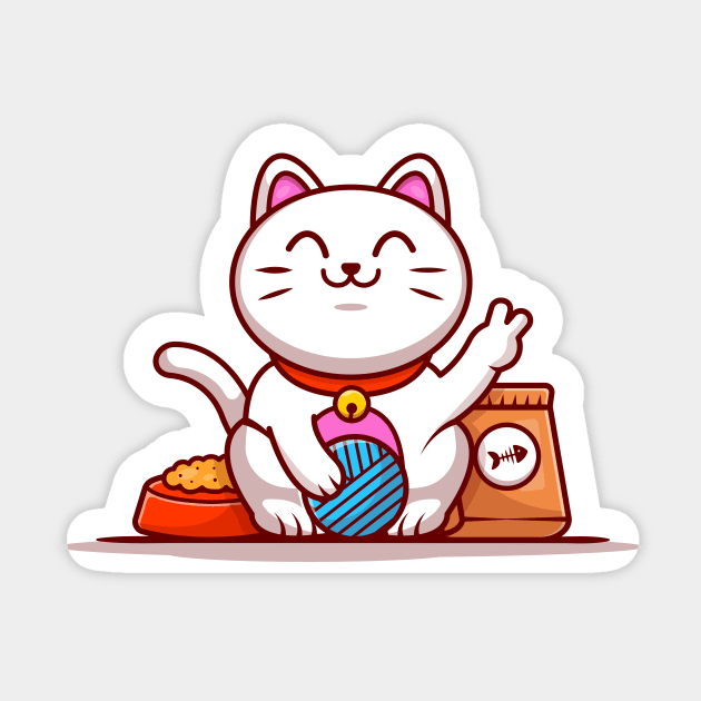 Cute Lucky Cat With Yarn Ball And Food Cartoon Vector Icon Illustration Sticker by Catalyst Labs